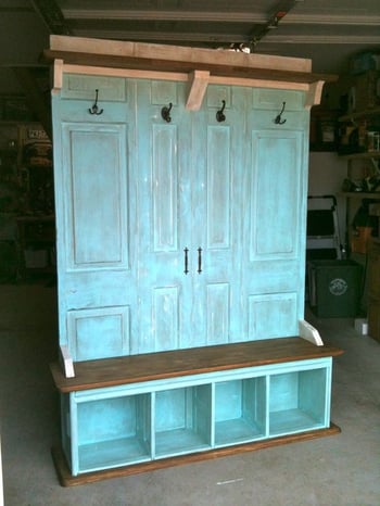 Coat rack bench made from old doors