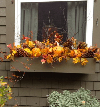 bucket of fall leaves and pumpkins hanging from outside a window sill